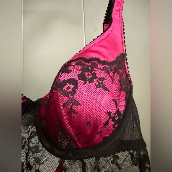 Sexy Sheer Black Lace & Hot Pink Lingerie Babydoll 36C New Without Tags - Picture 7 of 17